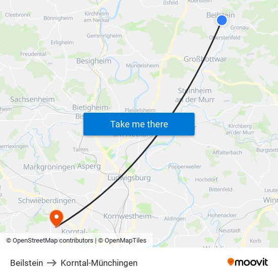 Beilstein to Korntal-Münchingen map