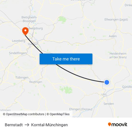 Bernstadt to Korntal-Münchingen map