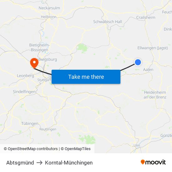 Abtsgmünd to Korntal-Münchingen map