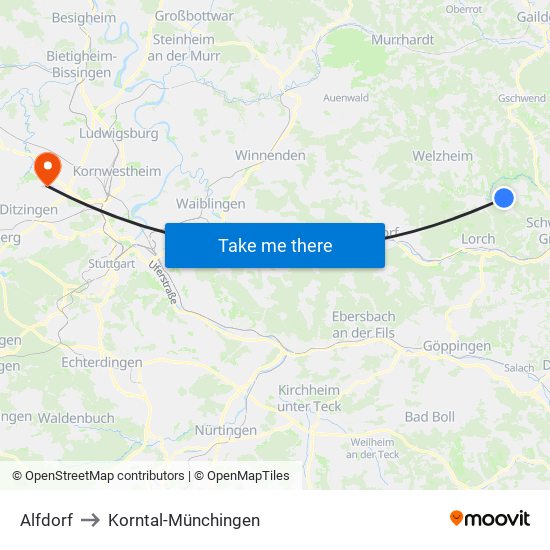 Alfdorf to Korntal-Münchingen map