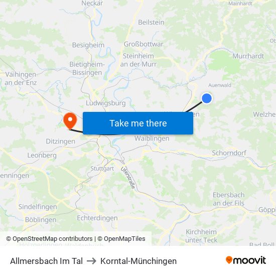 Allmersbach Im Tal to Korntal-Münchingen map