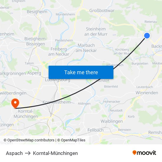 Aspach to Korntal-Münchingen map