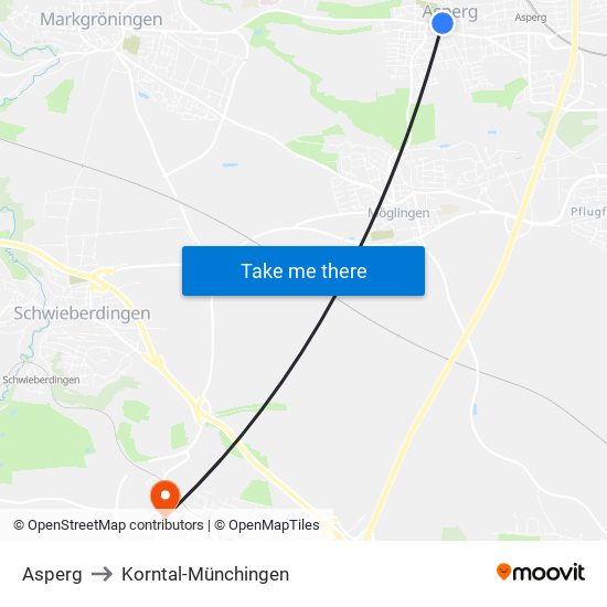 Asperg to Korntal-Münchingen map