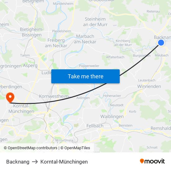 Backnang to Korntal-Münchingen map