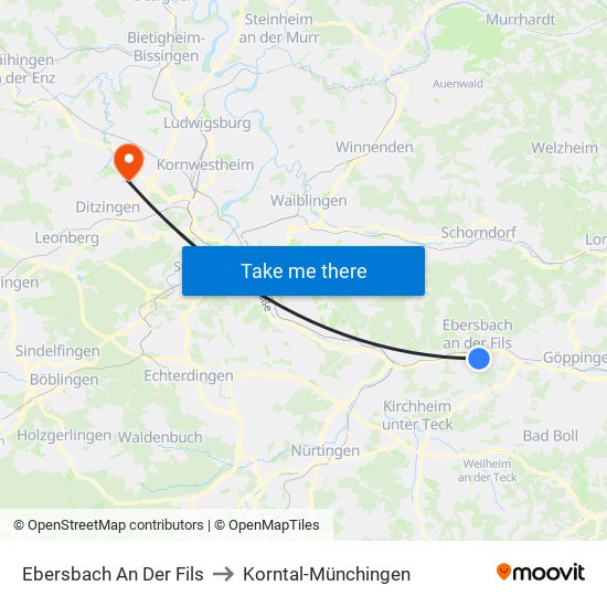 Ebersbach An Der Fils to Korntal-Münchingen map