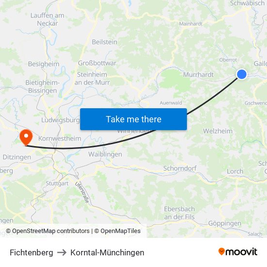 Fichtenberg to Korntal-Münchingen map