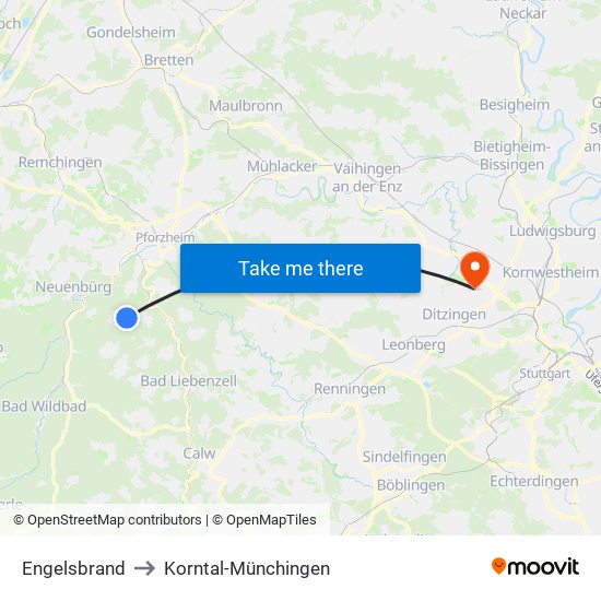 Engelsbrand to Korntal-Münchingen map