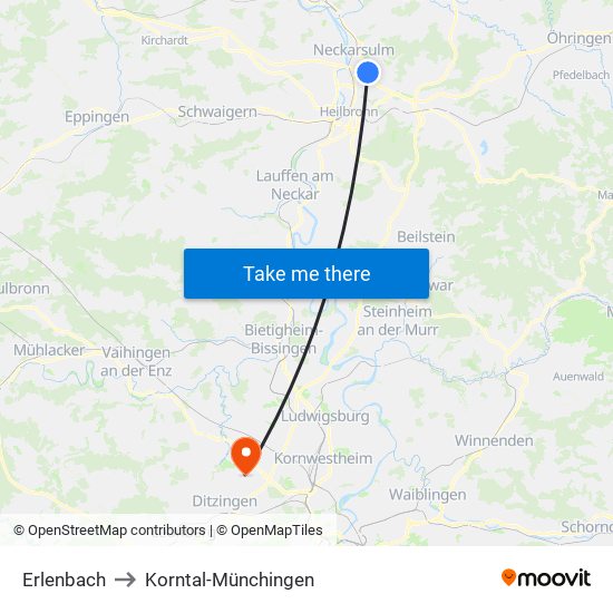 Erlenbach to Korntal-Münchingen map