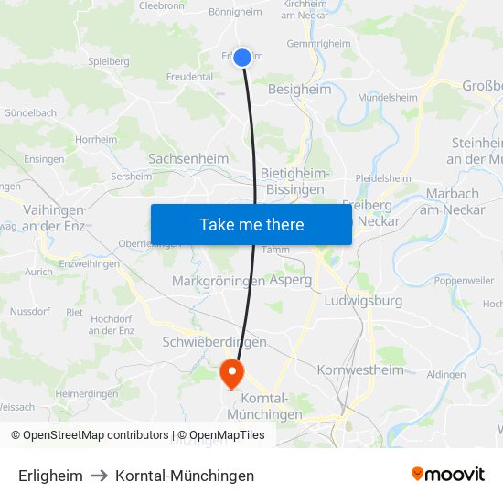 Erligheim to Korntal-Münchingen map