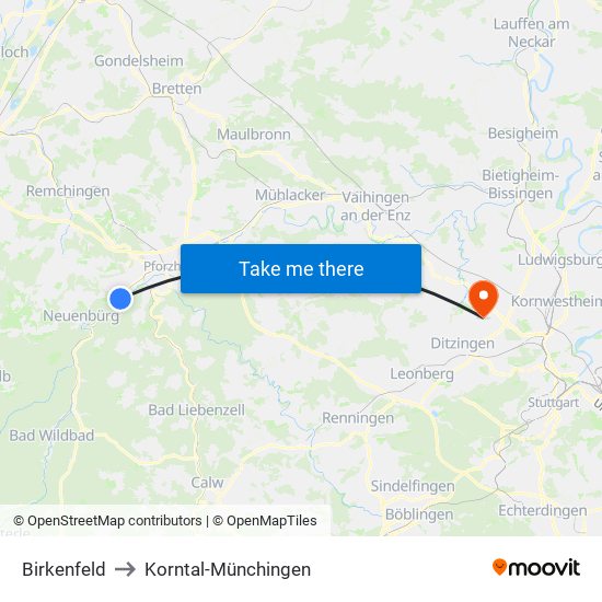 Birkenfeld to Korntal-Münchingen map