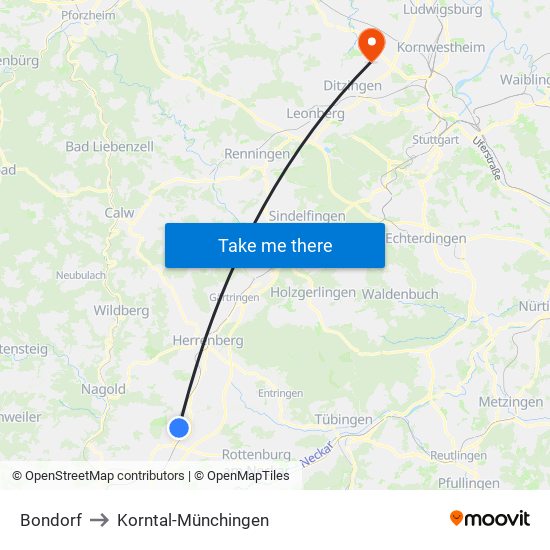 Bondorf to Korntal-Münchingen map