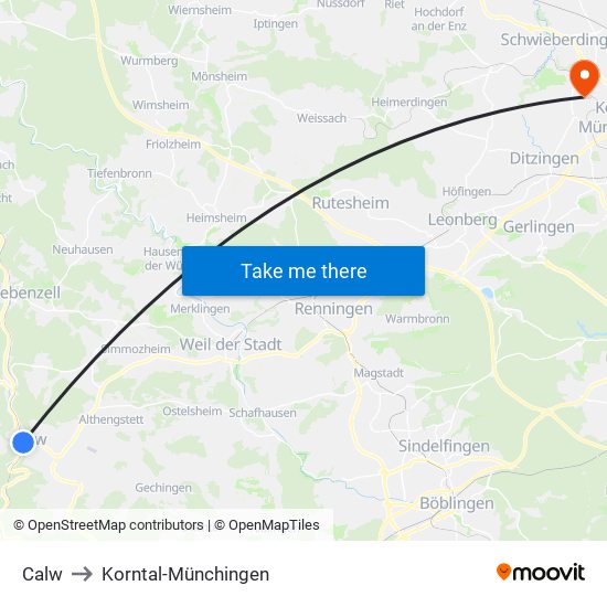 Calw to Korntal-Münchingen map