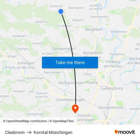Cleebronn to Korntal-Münchingen map