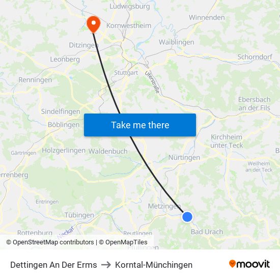 Dettingen An Der Erms to Korntal-Münchingen map