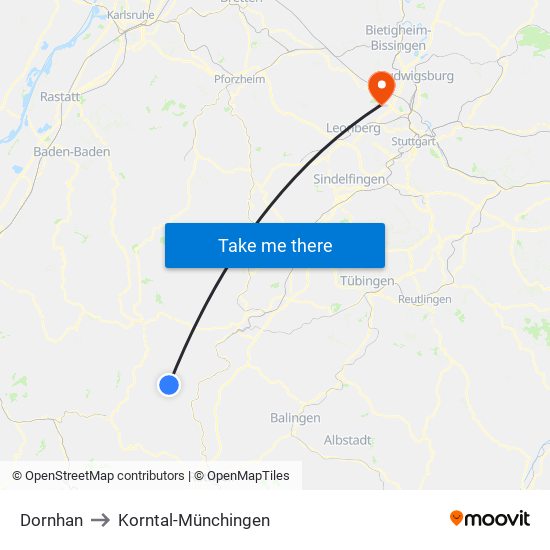 Dornhan to Korntal-Münchingen map