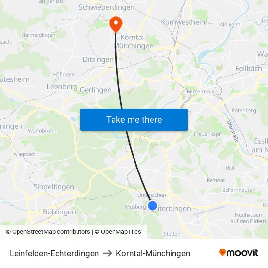 Leinfelden-Echterdingen to Korntal-Münchingen map