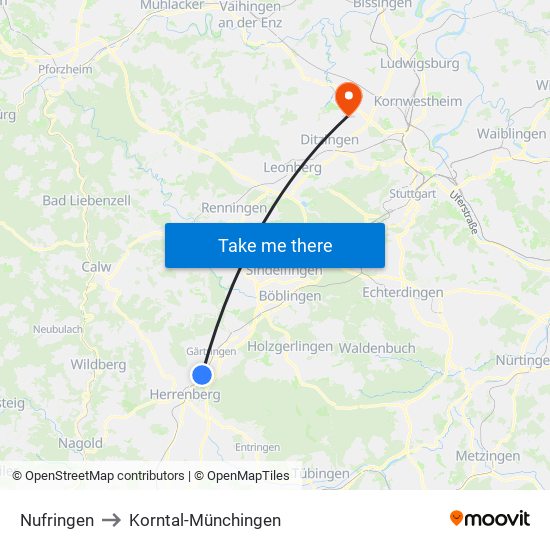 Nufringen to Korntal-Münchingen map