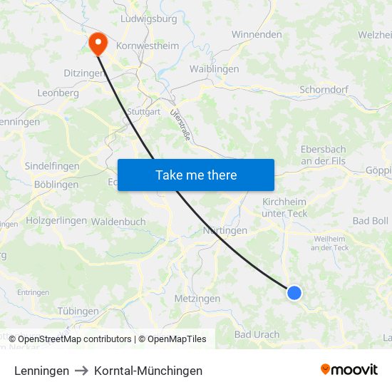 Lenningen to Korntal-Münchingen map