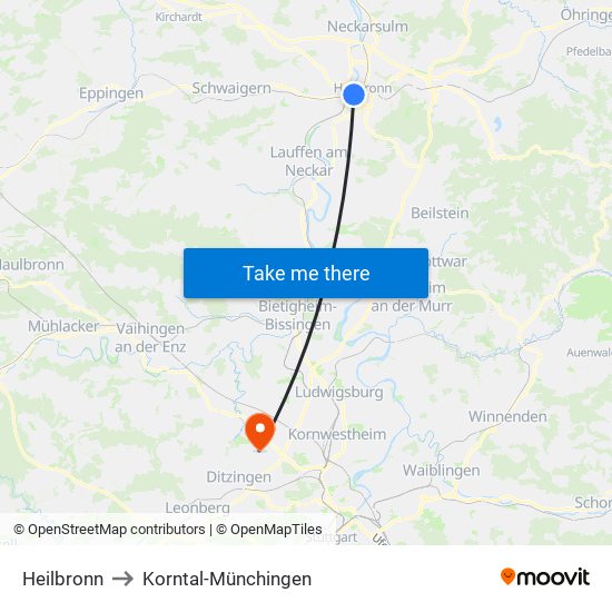 Heilbronn to Korntal-Münchingen map