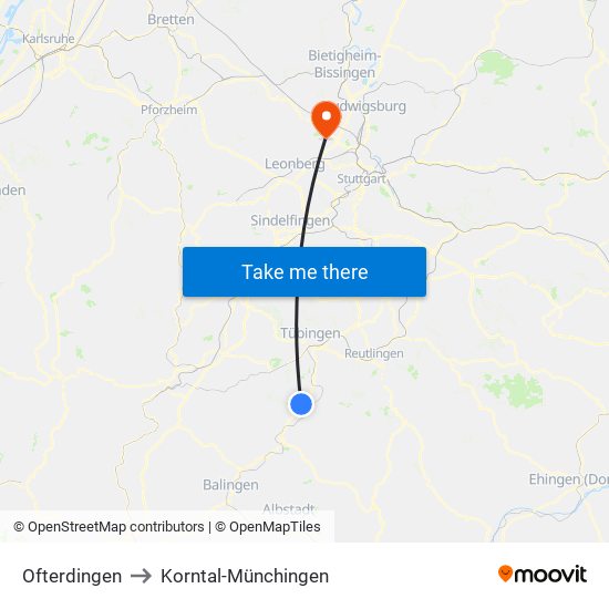 Ofterdingen to Korntal-Münchingen map