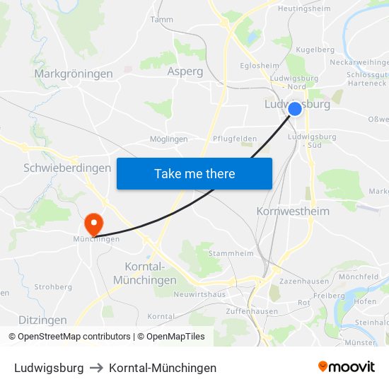 Ludwigsburg to Korntal-Münchingen map