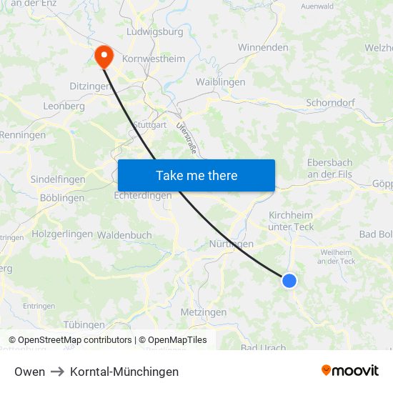 Owen to Korntal-Münchingen map