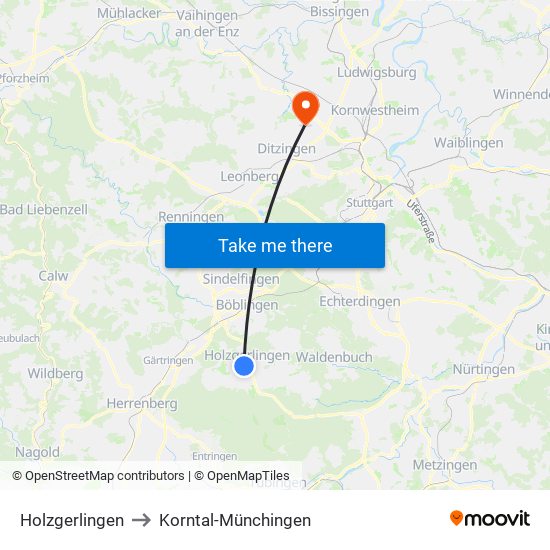 Holzgerlingen to Korntal-Münchingen map