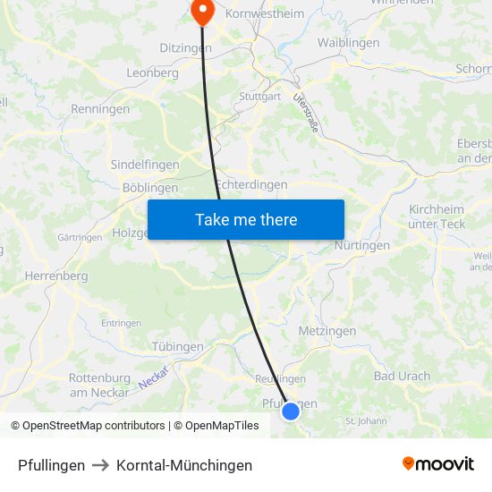 Pfullingen to Korntal-Münchingen map