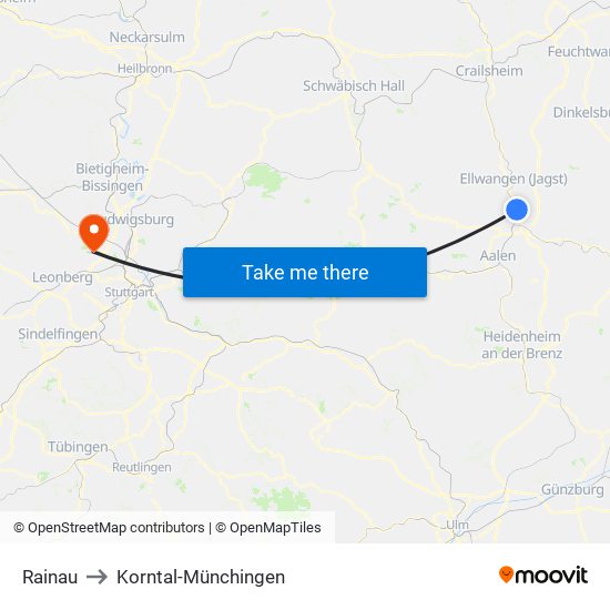 Rainau to Korntal-Münchingen map