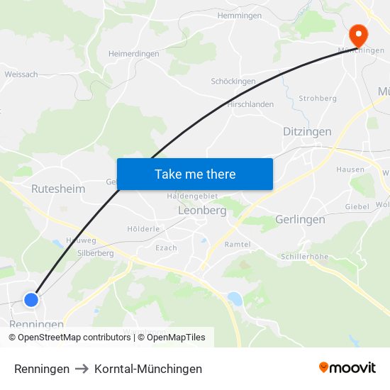 Renningen to Korntal-Münchingen map