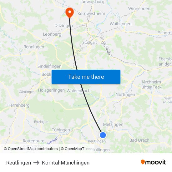 Reutlingen to Korntal-Münchingen map