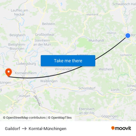 Gaildorf to Korntal-Münchingen map