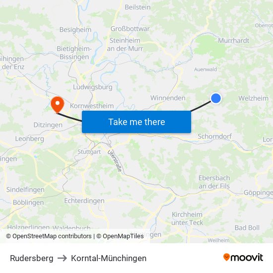 Rudersberg to Korntal-Münchingen map