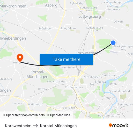 Kornwestheim to Korntal-Münchingen map