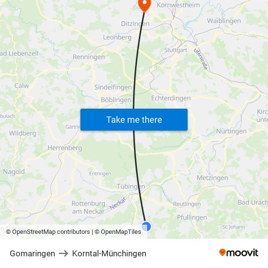 Gomaringen to Korntal-Münchingen map
