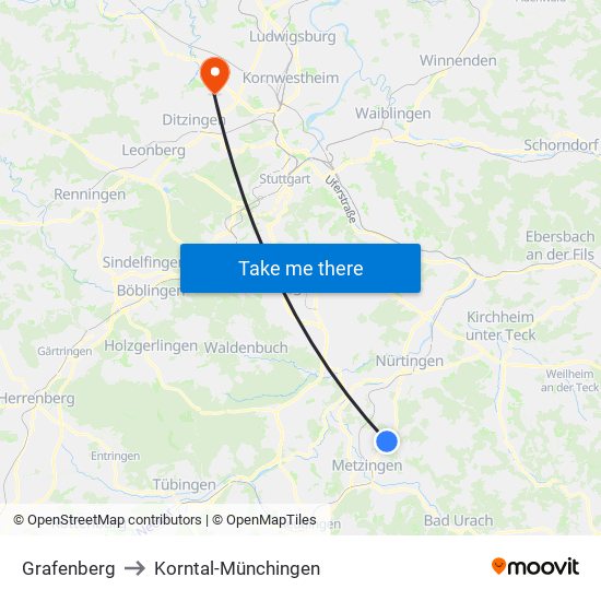 Grafenberg to Korntal-Münchingen map