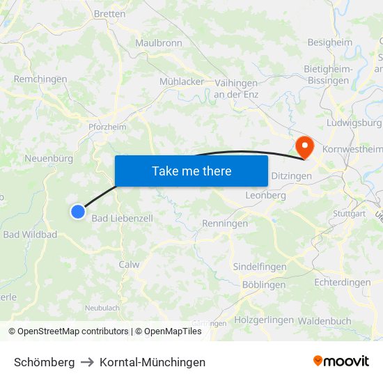 Schömberg to Korntal-Münchingen map