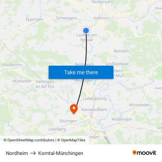 Nordheim to Korntal-Münchingen map
