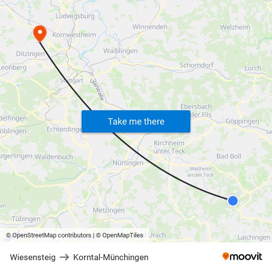 Wiesensteig to Korntal-Münchingen map