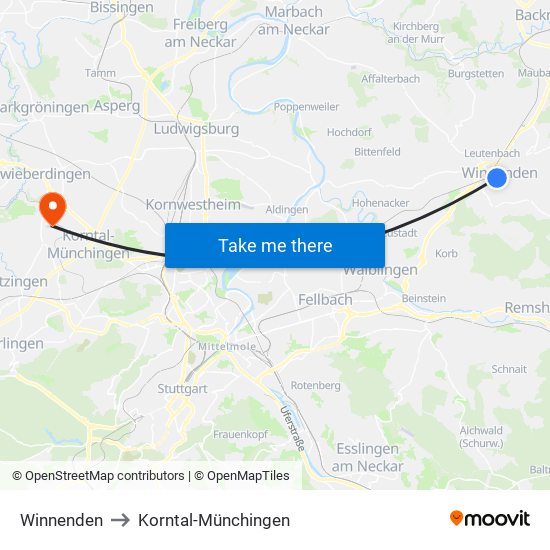 Winnenden to Korntal-Münchingen map