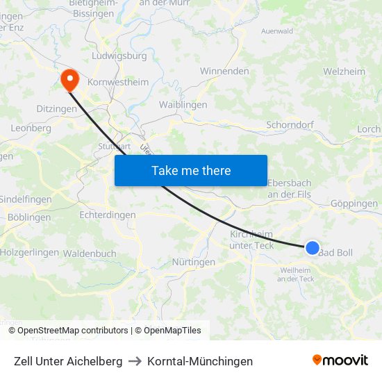 Zell Unter Aichelberg to Korntal-Münchingen map