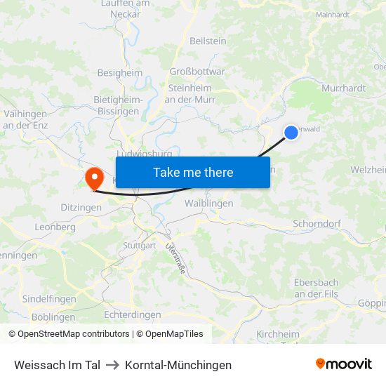 Weissach Im Tal to Korntal-Münchingen map