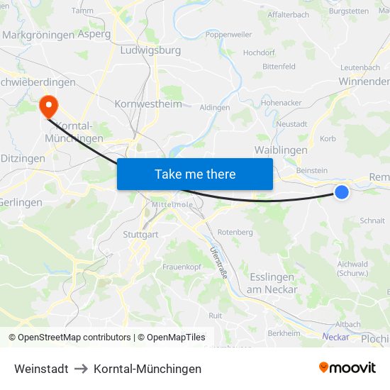 Weinstadt to Korntal-Münchingen map