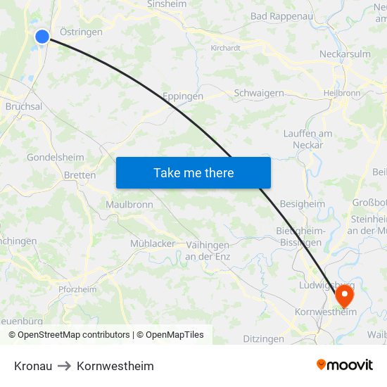 Kronau to Kornwestheim map