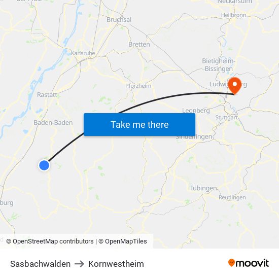 Sasbachwalden to Kornwestheim map