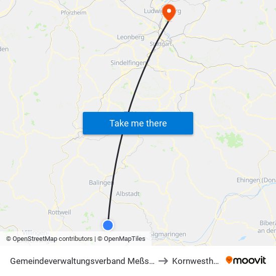 Gemeindeverwaltungsverband Meßstetten to Kornwestheim map