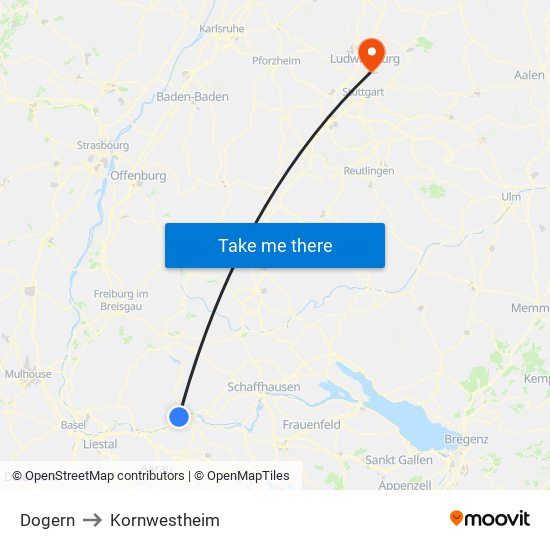 Dogern to Kornwestheim map