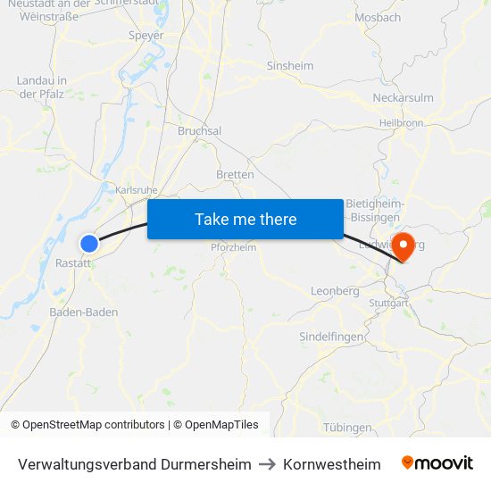 Verwaltungsverband Durmersheim to Kornwestheim map