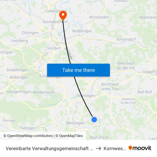 Vereinbarte Verwaltungsgemeinschaft Der Stadt Neuffen to Kornwestheim map