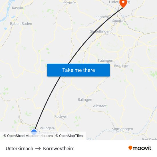 Unterkirnach to Kornwestheim map